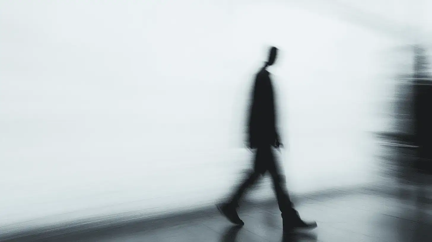 Abstract figure moving through a room with rectilinear blur